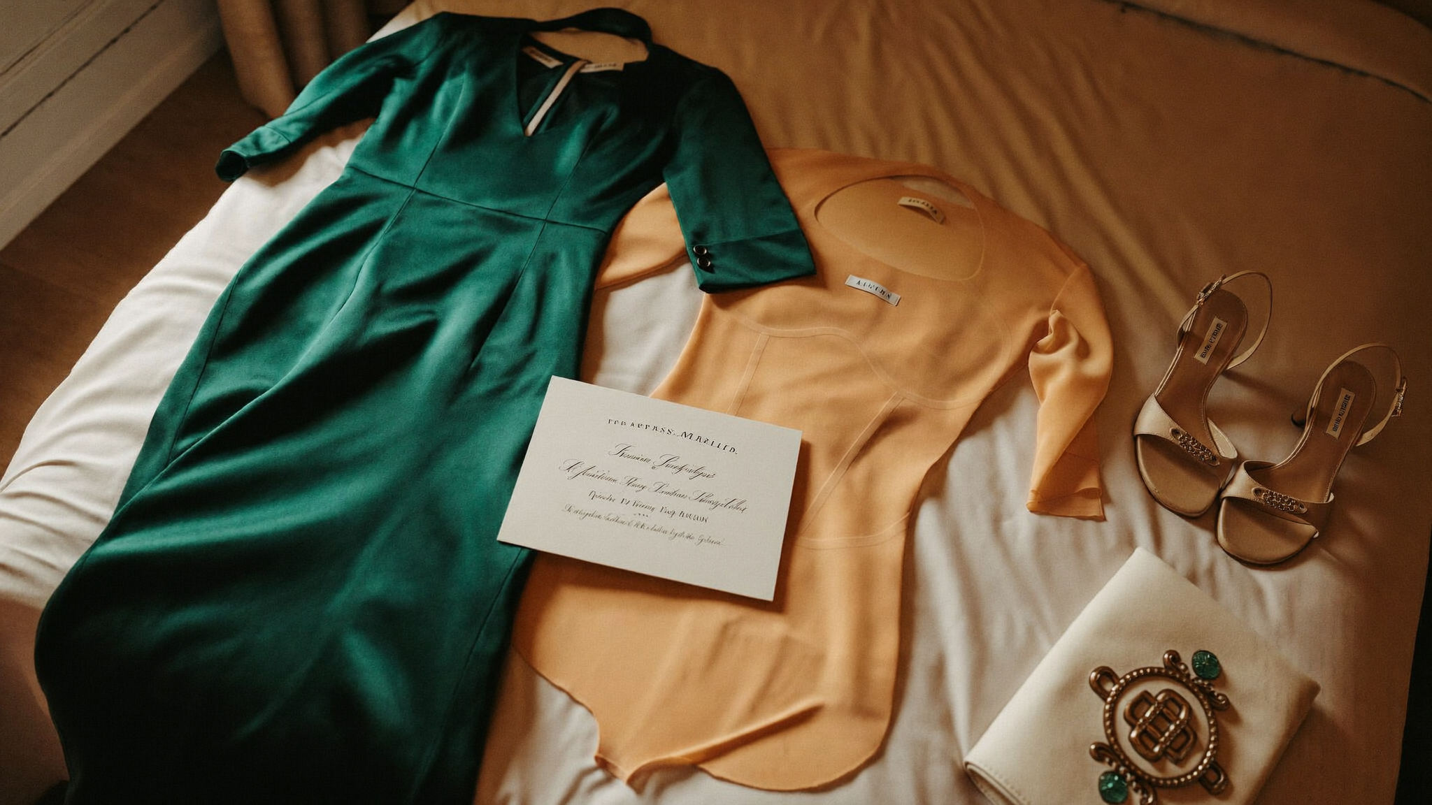 Emerald satin dress laid out on a bed beside nude shapewear and heels