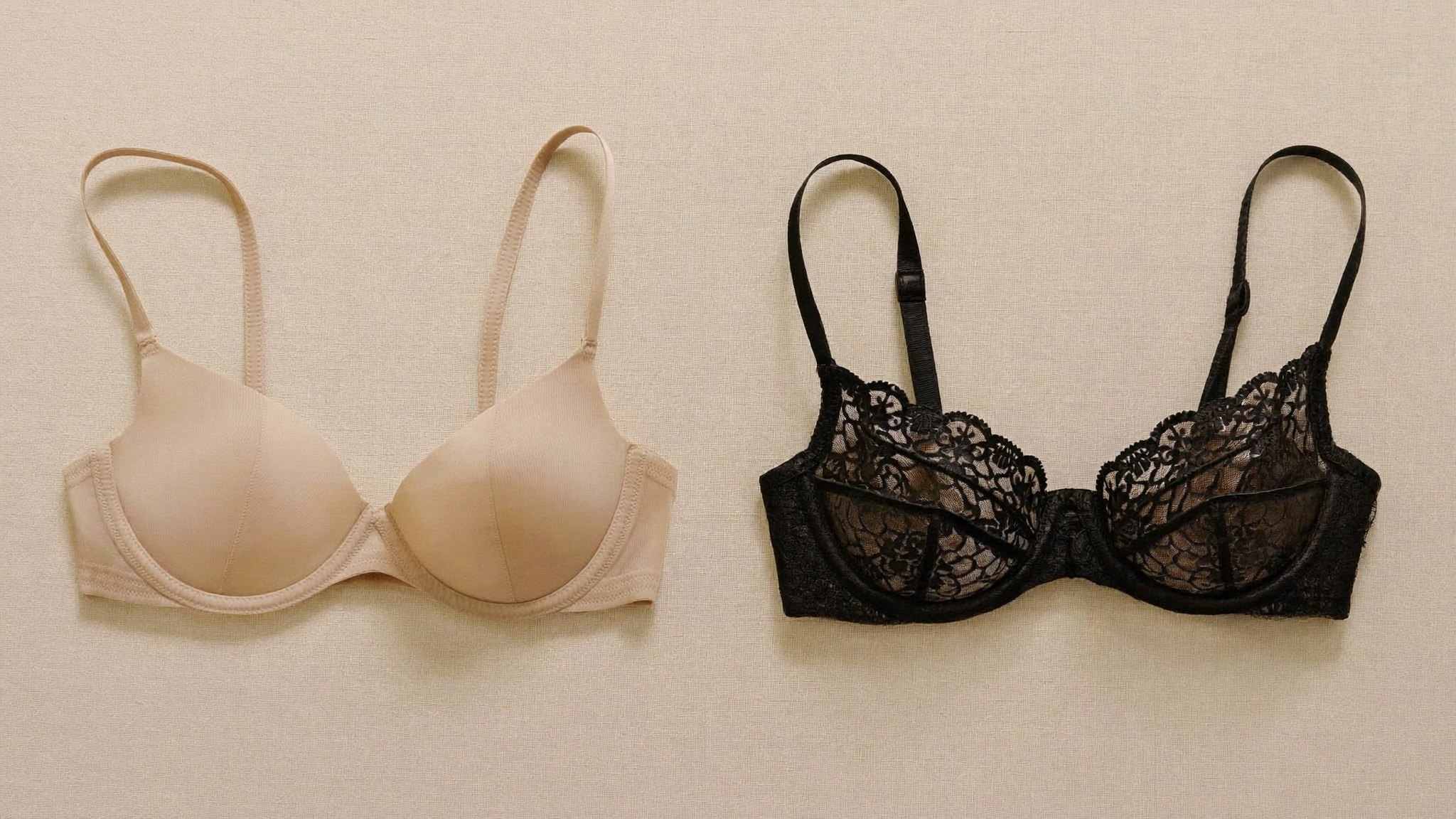 Wireless bra and underwire bra side by side on linen background