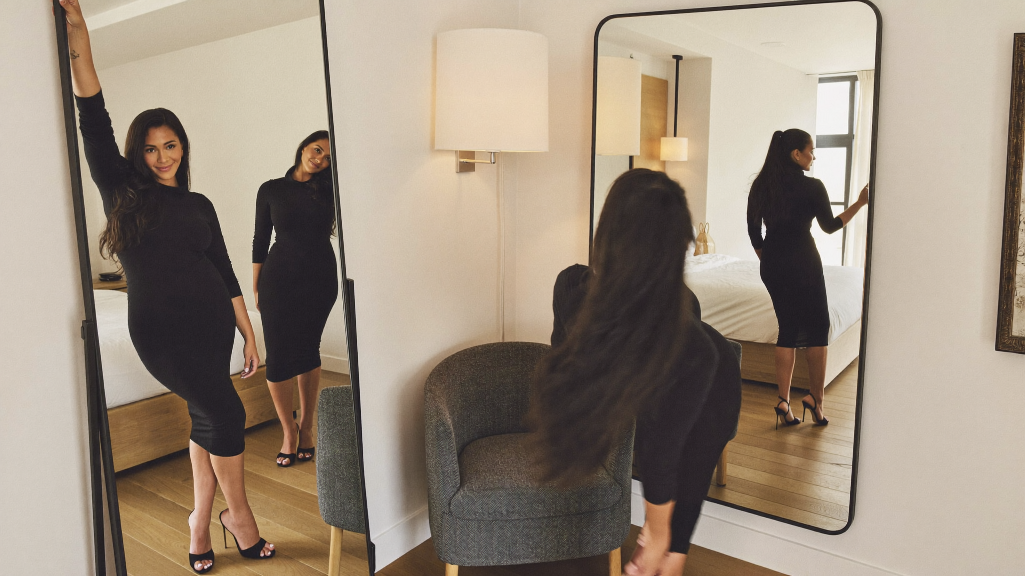 Woman in a fitted black dress checking her smooth silhouette in a mirror