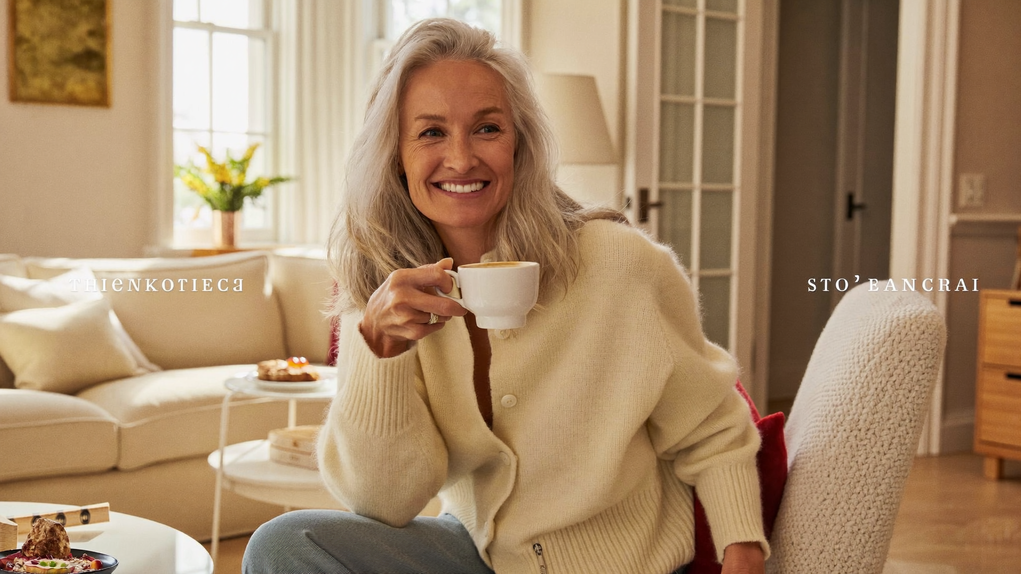 Smiling woman in her sixties relaxing with coffee in a bright living room