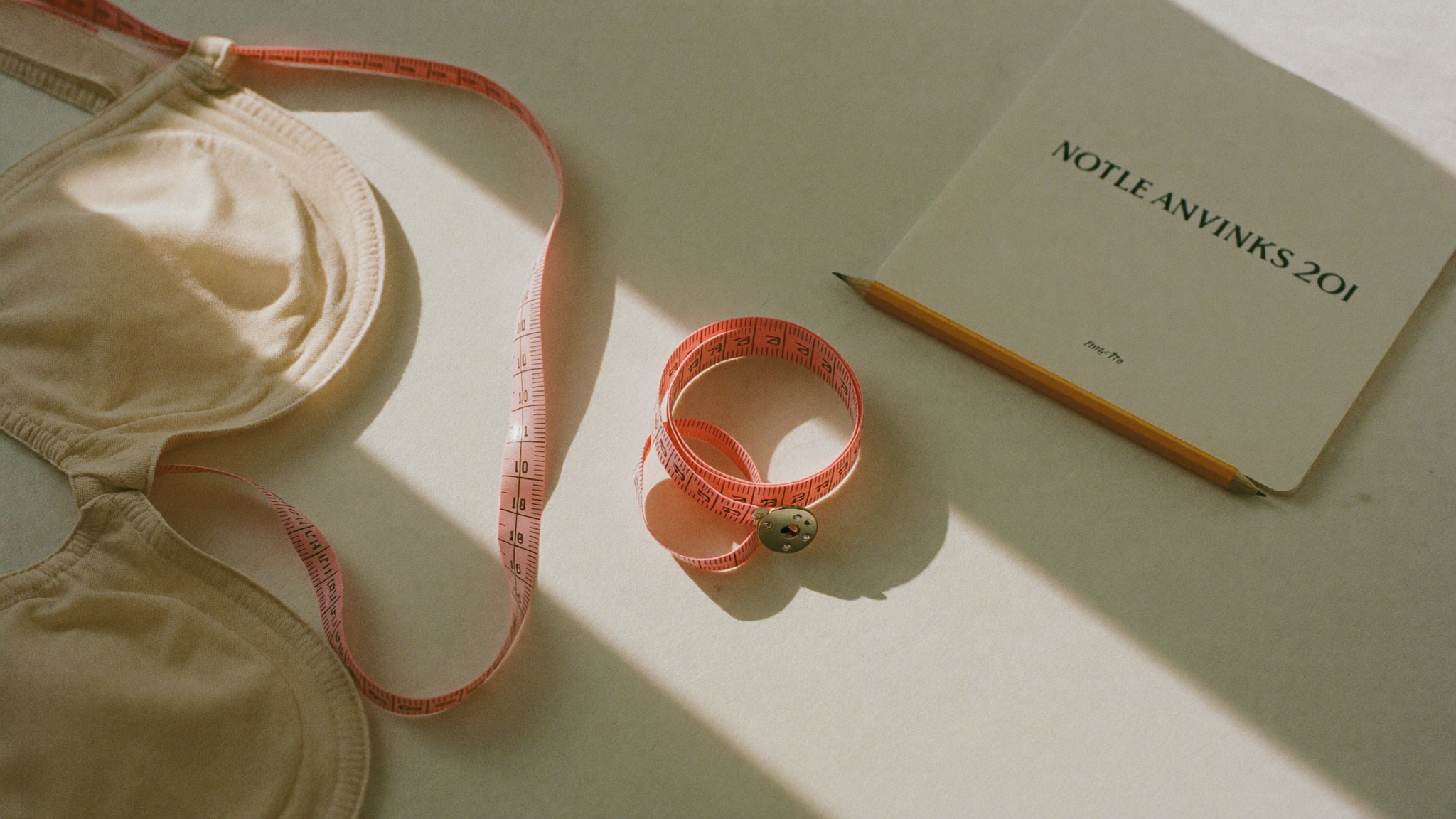 Soft measuring tape curled beside a folded beige bra and notebook