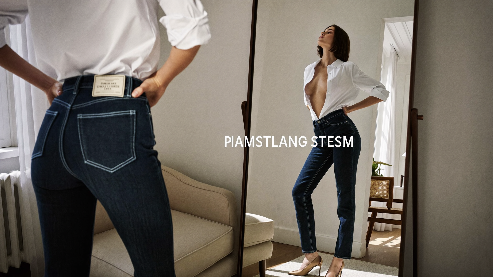 Woman in high-waisted jeans checking her silhouette in a dressing room mirror