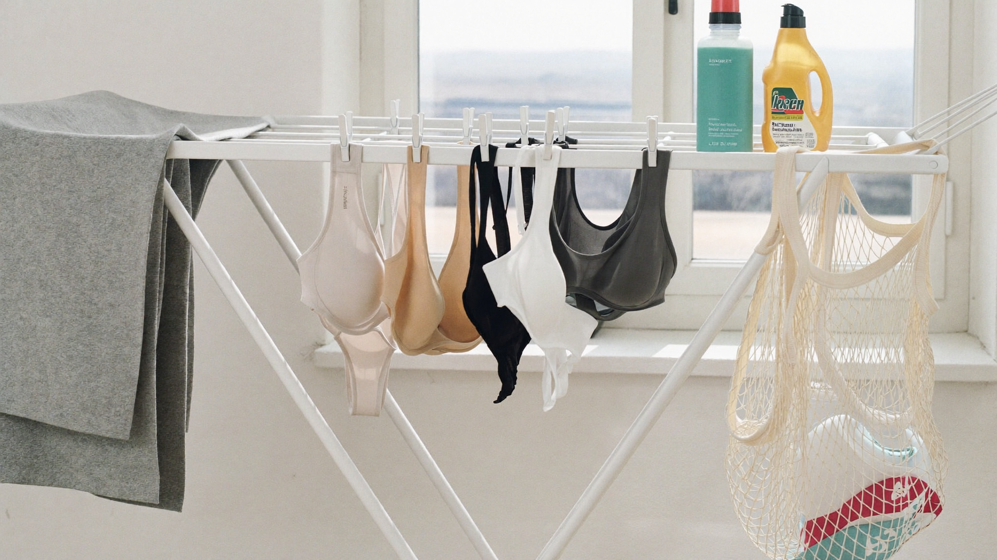 Delicate bras air-drying on a rack near a sunny window with gentle detergent