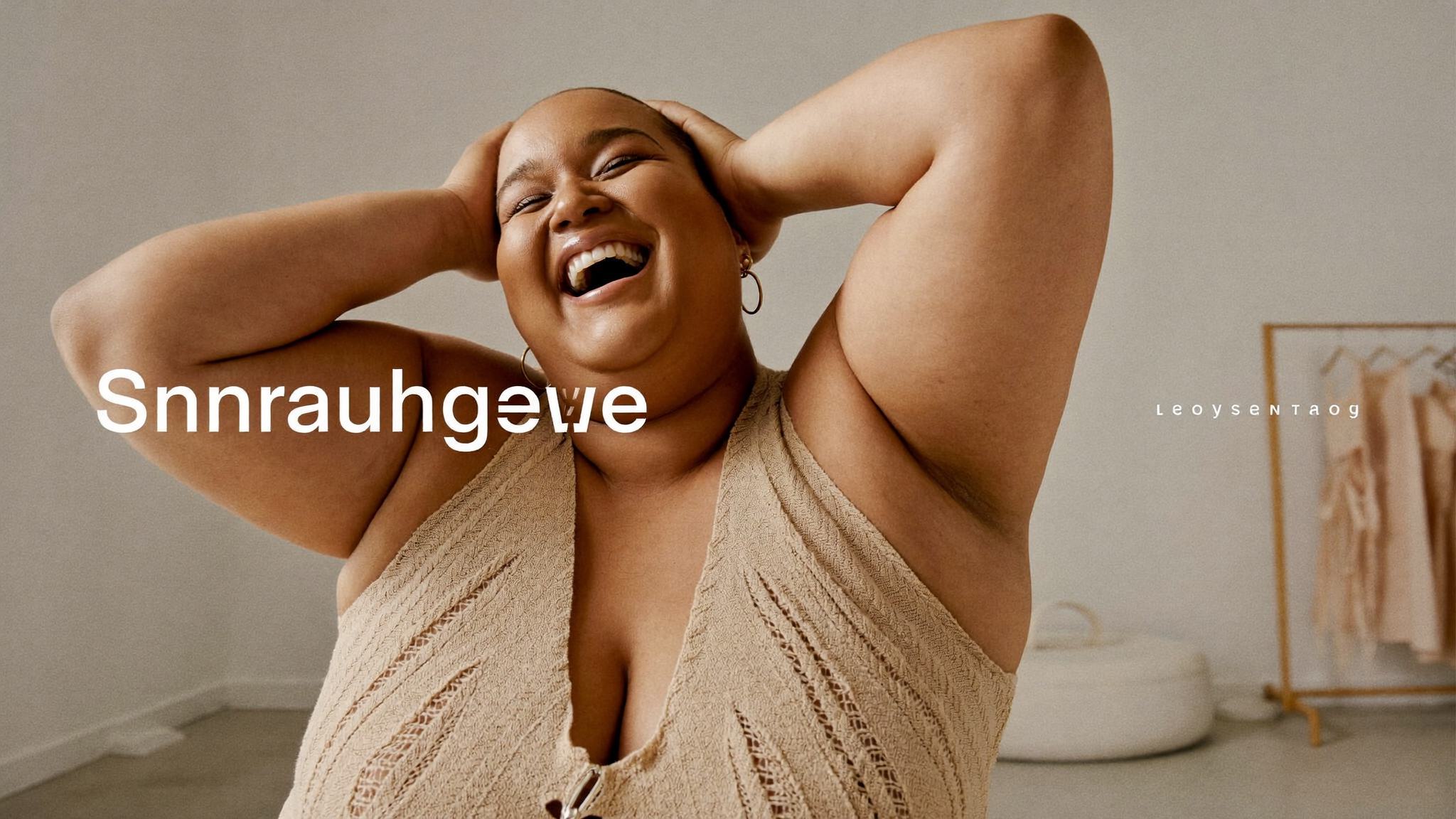 Confident plus-size woman laughing in a soft beige knit top, studio portrait