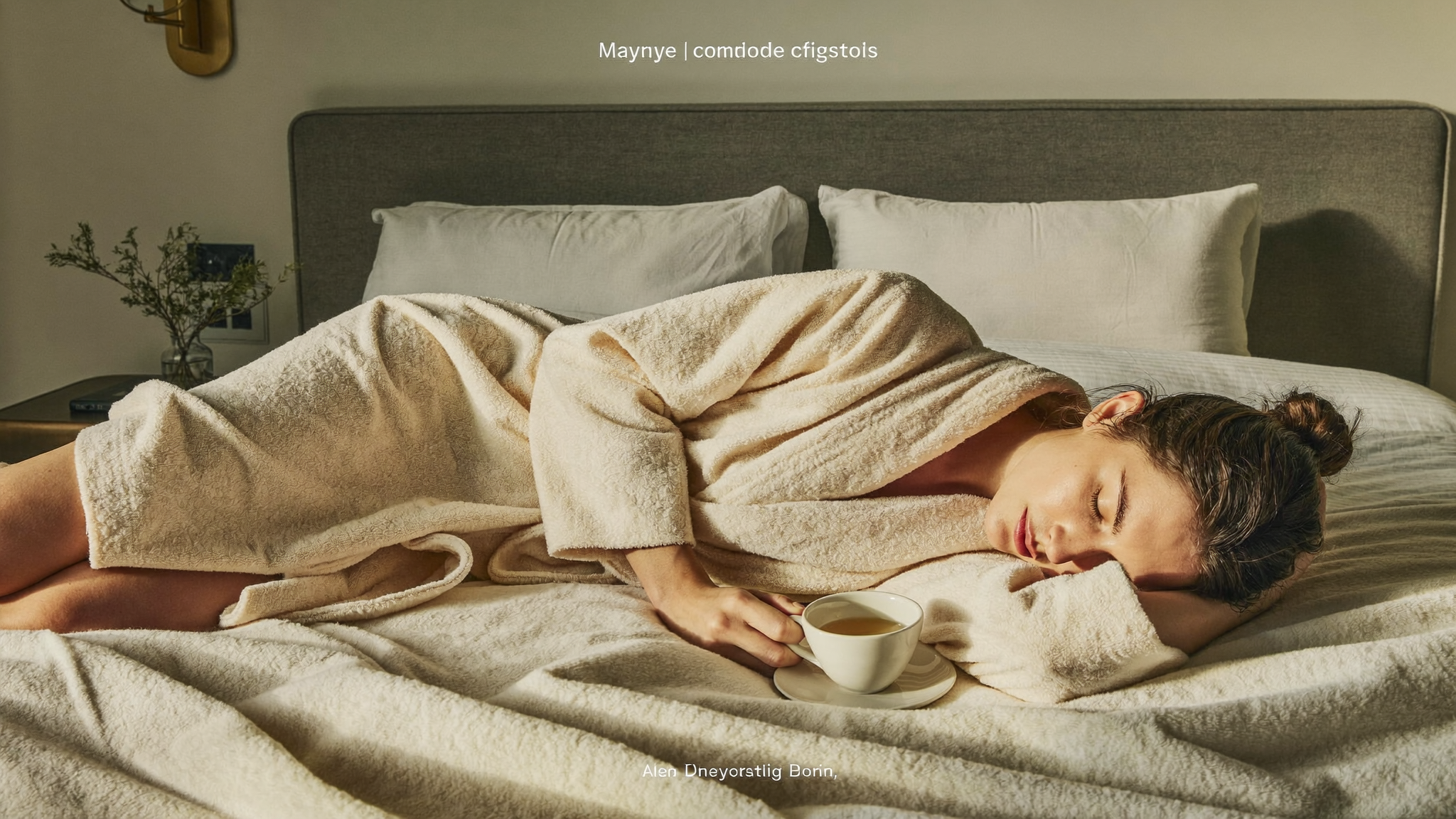 Woman in a cream robe resting comfortably with tea in a calm bedroom
