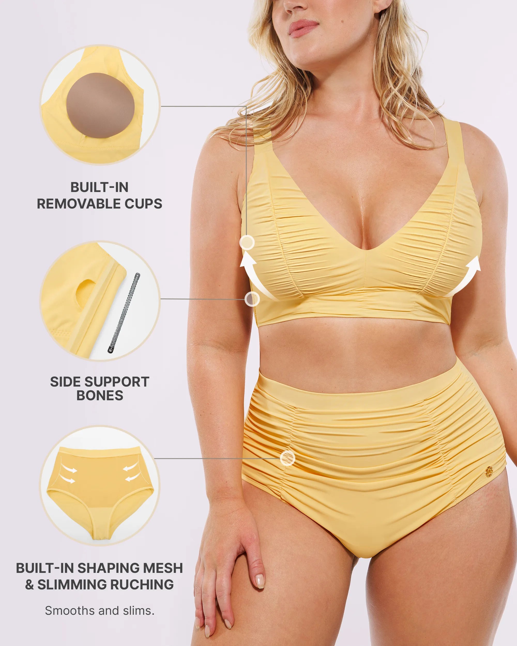 SculptPro Ruched V-Neck Bikini Top & High-Waisted Bottom Set