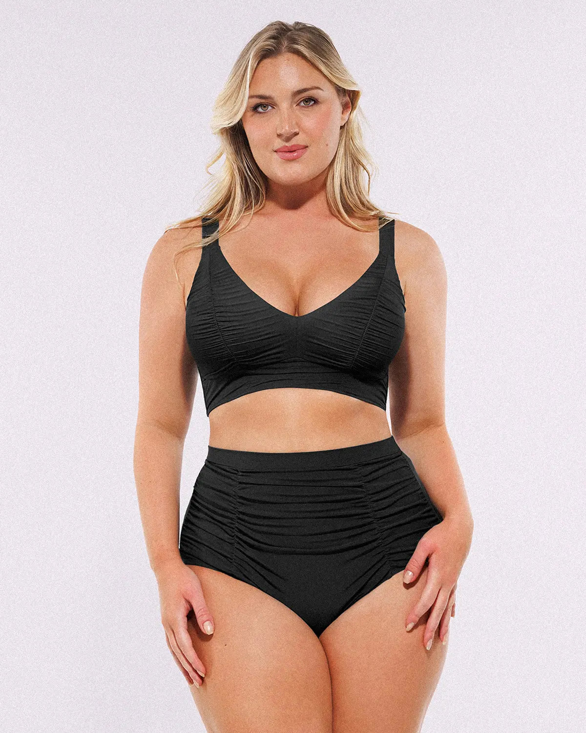 SculptPro Ruched V-Neck Bikini Top & High-Waisted Bottom Set