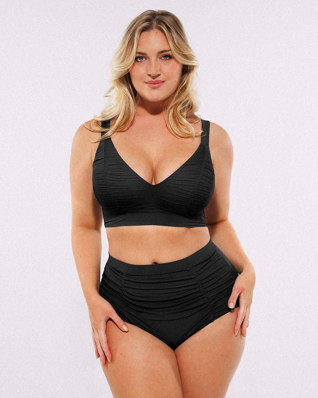 SculptPro Ruched V-Neck Bikini Top & High-Waisted Bottom Set