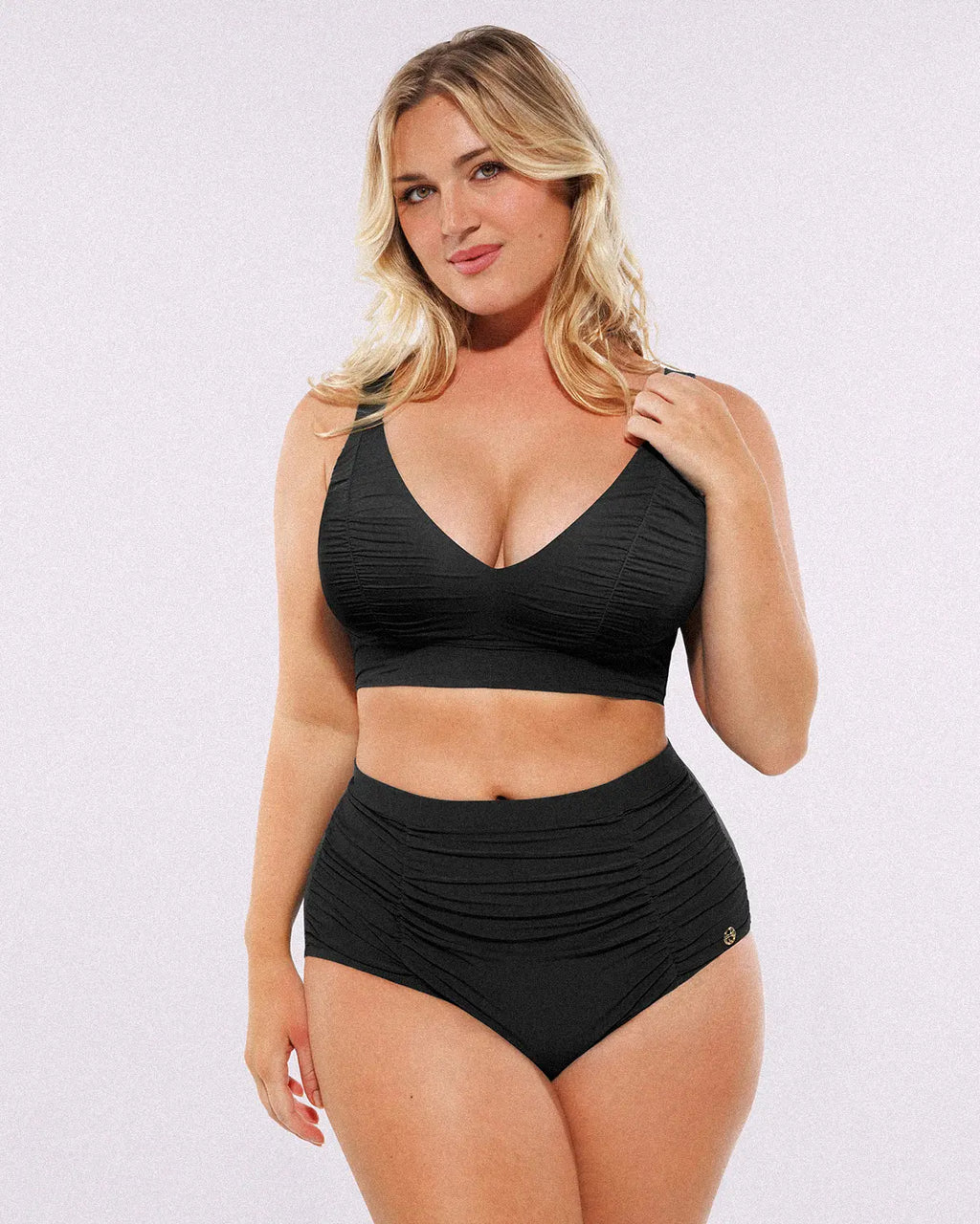 SculptPro Ruched V-Neck Bikini Top & High-Waisted Bottom Set