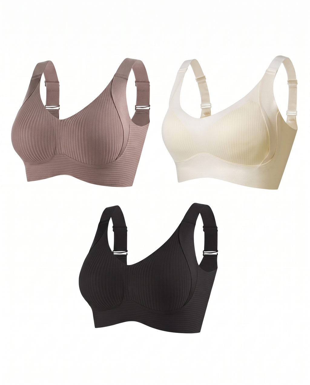 HerShape 3-pack wireless push-up bra — mocha, cream and black set on white