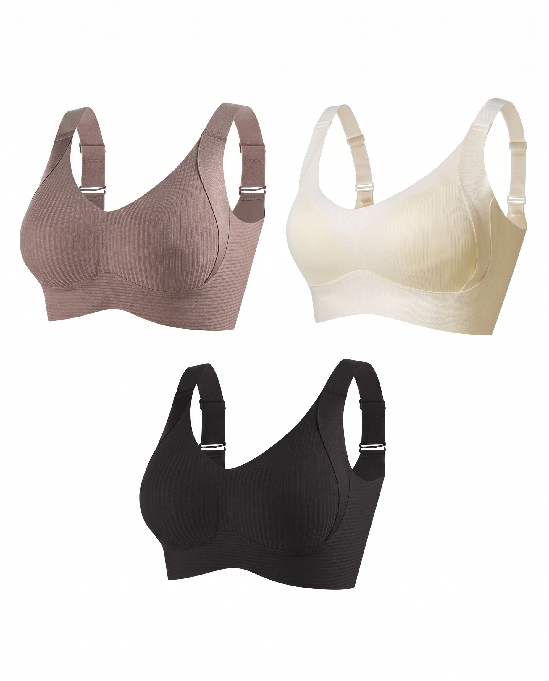 HerShape 3-pack wireless push-up bra — mocha, cream and black set on white
