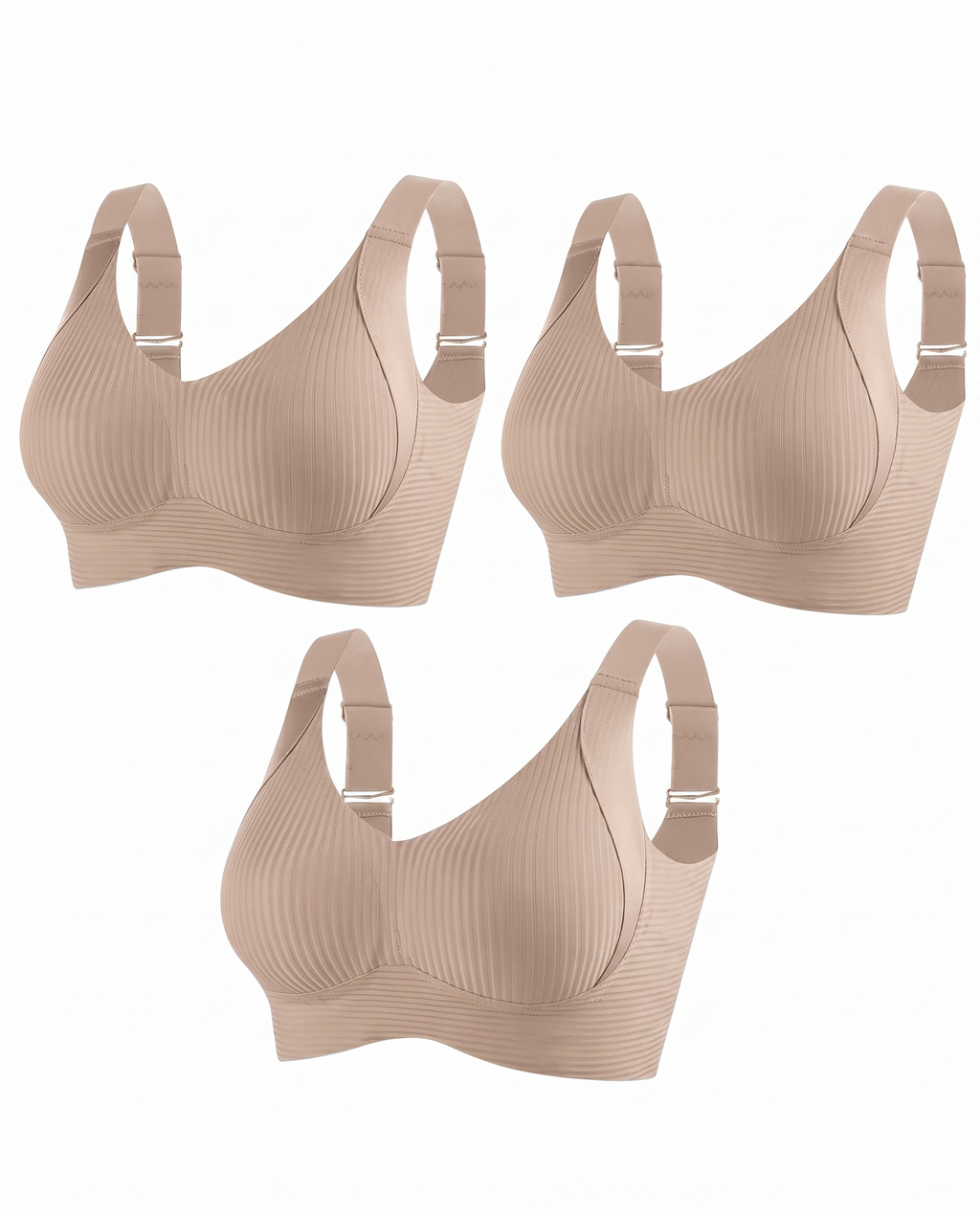 HerShape 3-pack wireless push-up bra — mocha, beige and black set on white