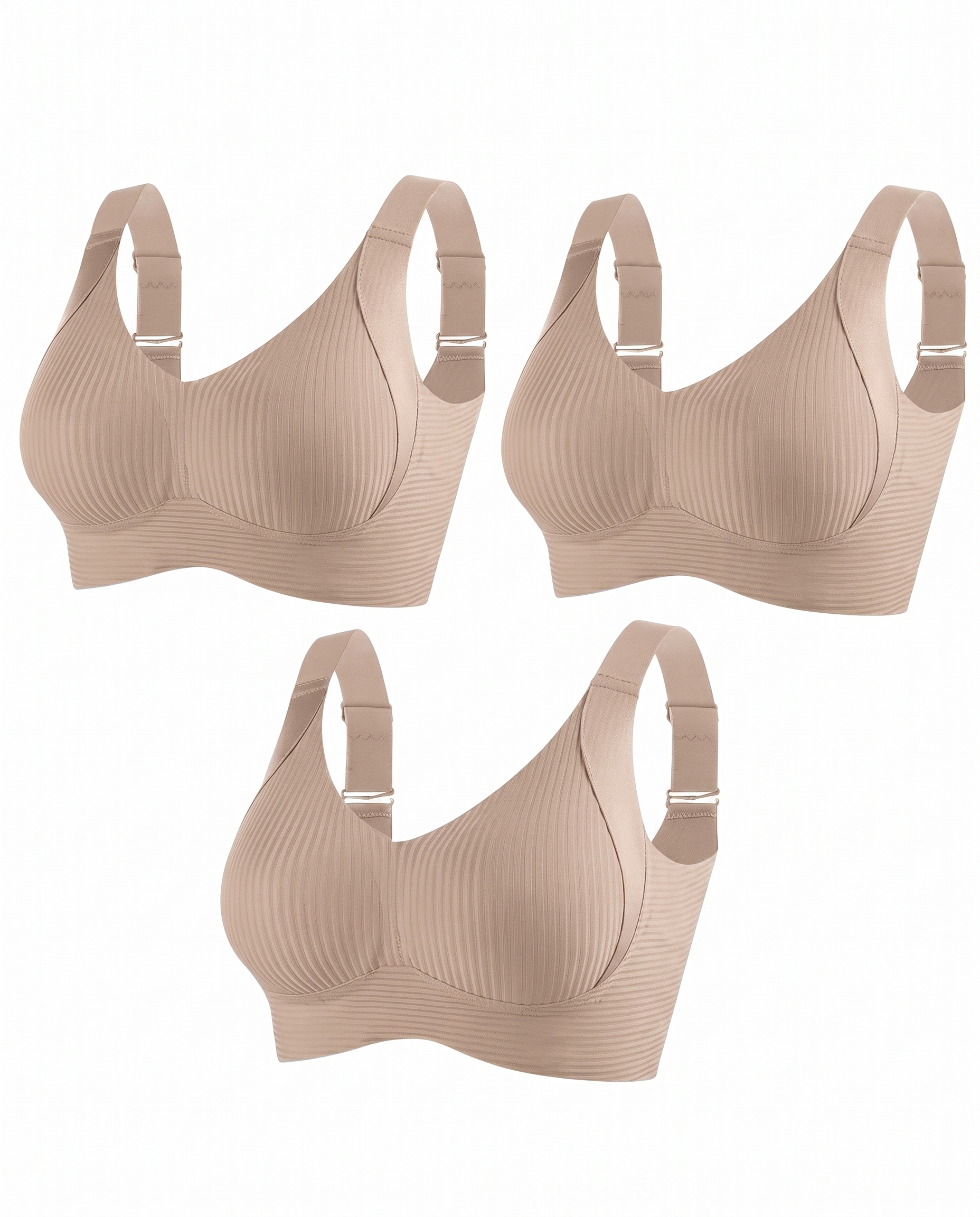 HerShape 3-pack wireless push-up bra — mocha, beige and black set on white
