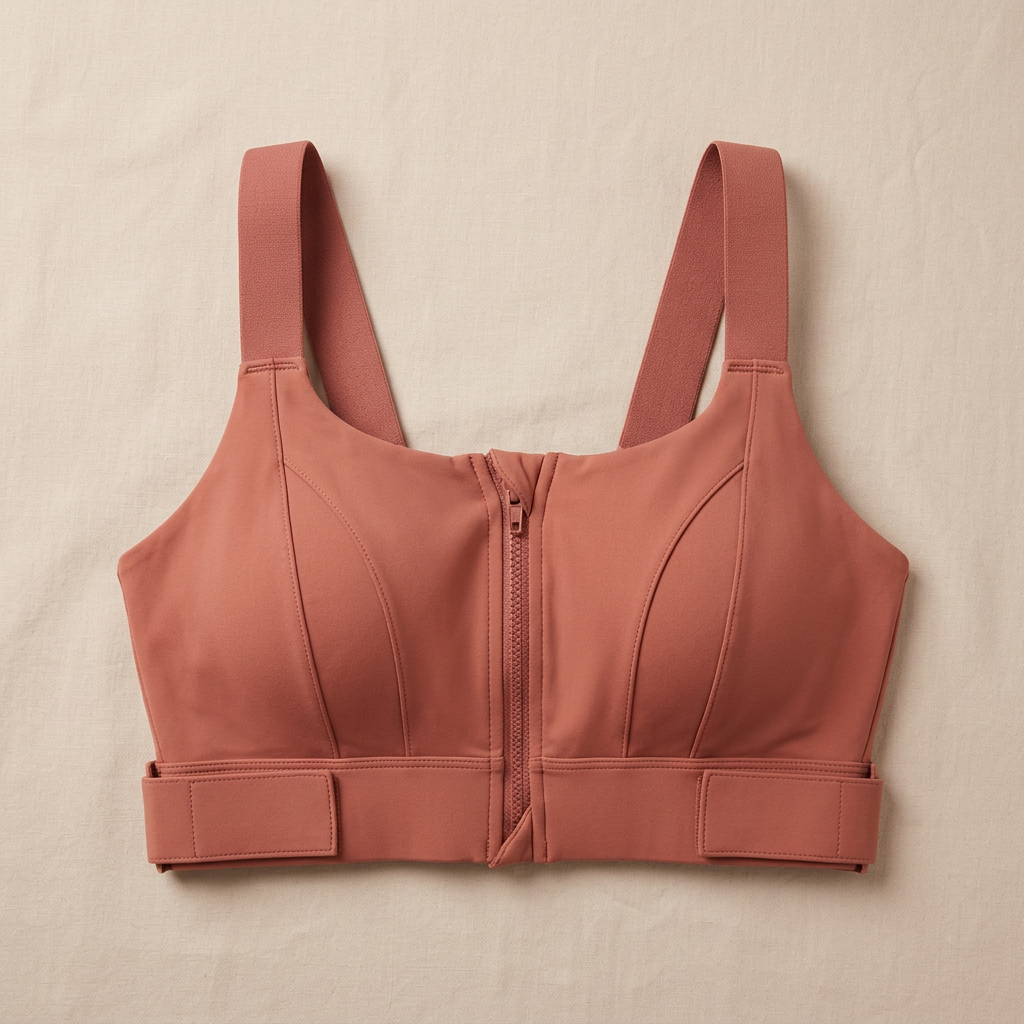 LiftLuxe sports bra laid flat showing the zip, wide straps and structured band